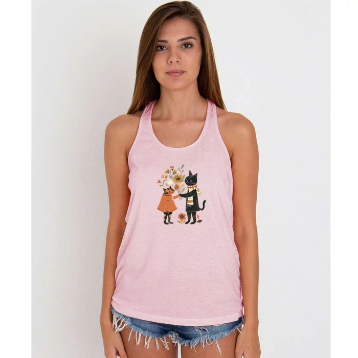 Autumn Cats With Flowers Whimsical Fall Design Gift Women's Knotted Racerback Tank