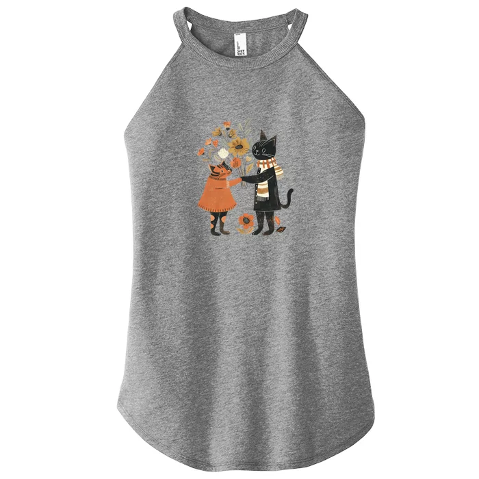 Autumn Cats With Flowers Whimsical Fall Design Gift Women’s Perfect Tri Rocker Tank