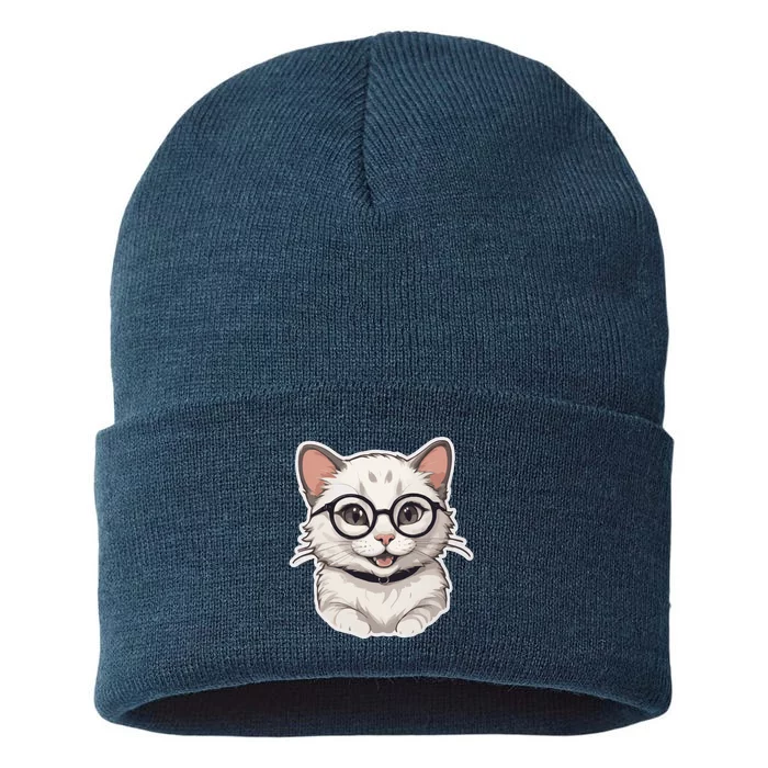 Adorable Cute White Cat Wearing Glasses Sustainable Knit Beanie