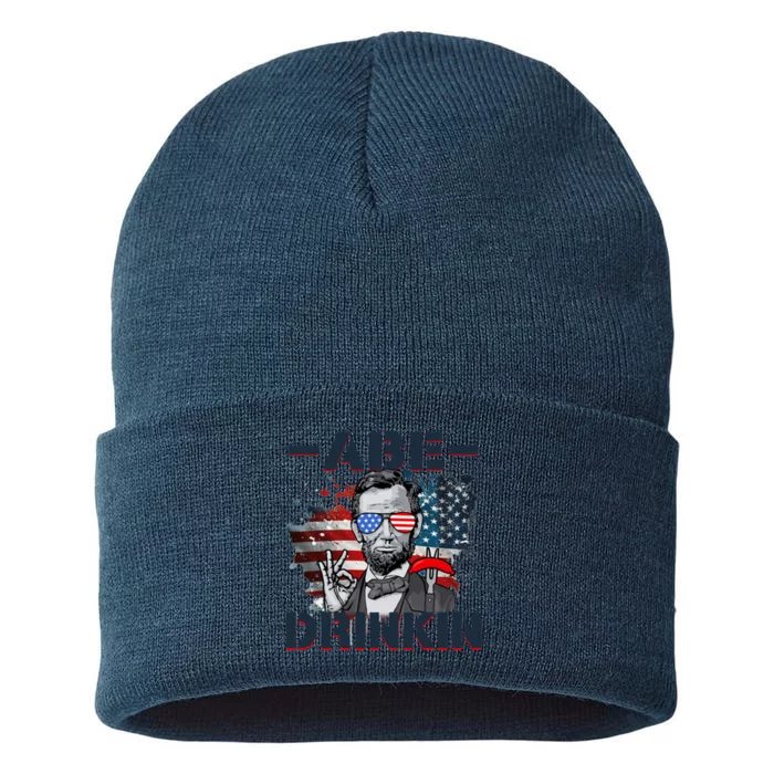 Abe Drinkin 4th Of July President Drinking Funny Sustainable Knit Beanie