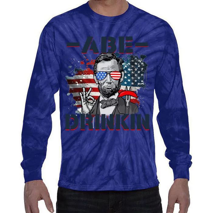 Abe Drinkin 4th Of July President Drinking Funny Tie-Dye Long Sleeve Shirt