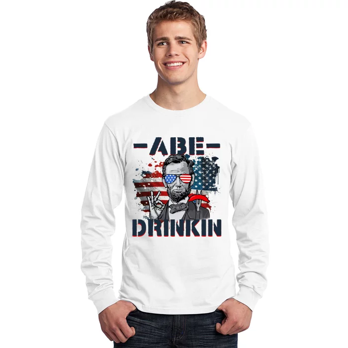 Abe Drinkin 4th Of July President Drinking Funny Long Sleeve Shirt