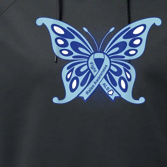 ALS Disease Awareness. Blue Ribbon Gift Performance Fleece Hoodie