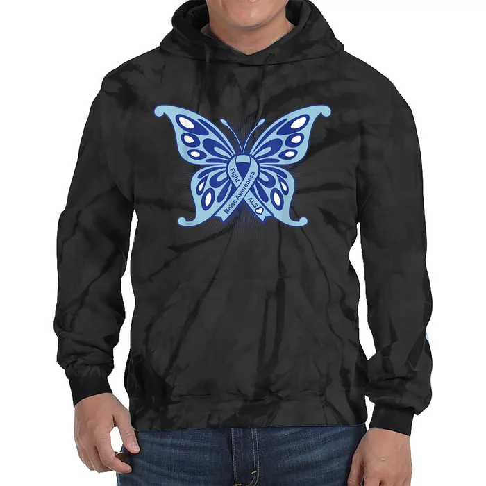 ALS Disease Awareness. Blue Ribbon Gift Tie Dye Hoodie