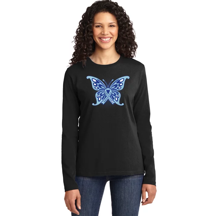 ALS Disease Awareness. Blue Ribbon Gift Ladies Long Sleeve Shirt