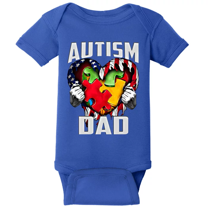 Autism Dad Awareness Love Heart Usa Flag Puzzle Piece Father Gift Baby Bodysuit