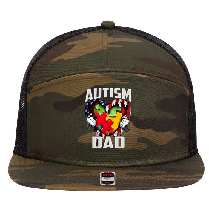 Autism Dad Awareness Love Heart Usa Flag Puzzle Piece Father Gift 7 Panel Mesh Trucker Snapback Hat