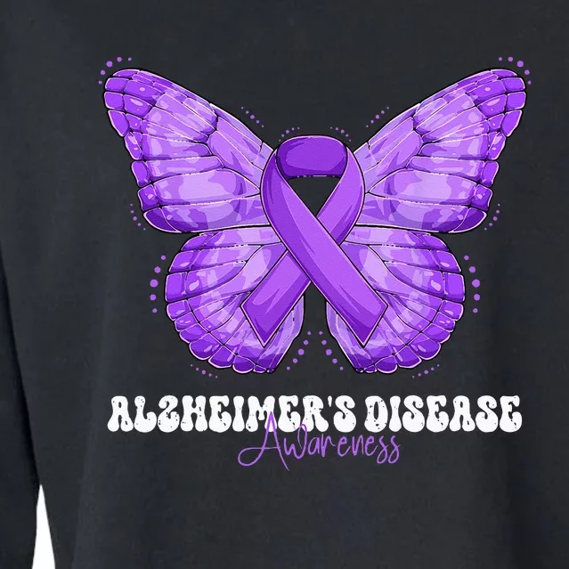 Alzheimers Disease Awareness Month Purple Ribbon Butterfly Cropped Pullover Crew