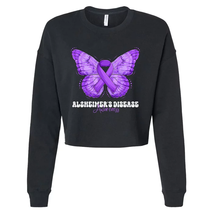 Alzheimers Disease Awareness Month Purple Ribbon Butterfly Cropped Pullover Crew