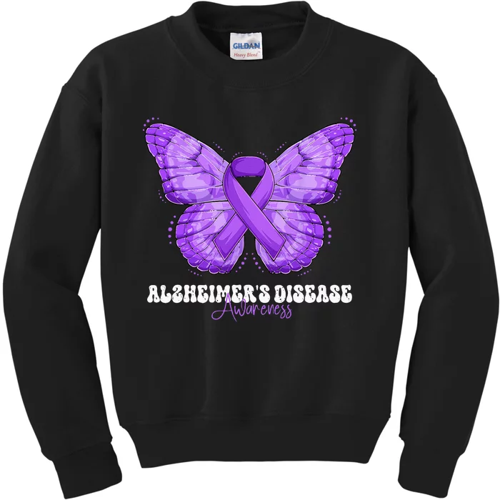 Alzheimers Disease Awareness Month Purple Ribbon Butterfly Kids Sweatshirt