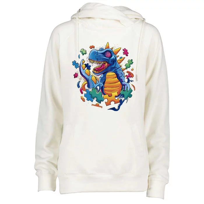 Autism Dinosaur And Puzzle Pieces Womens Funnel Neck Pullover Hood