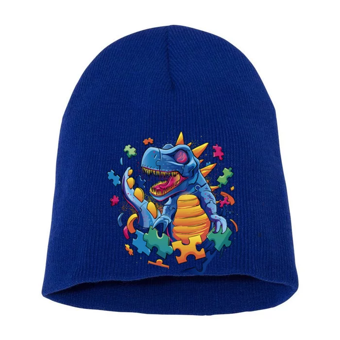 Autism Dinosaur And Puzzle Pieces Short Acrylic Beanie