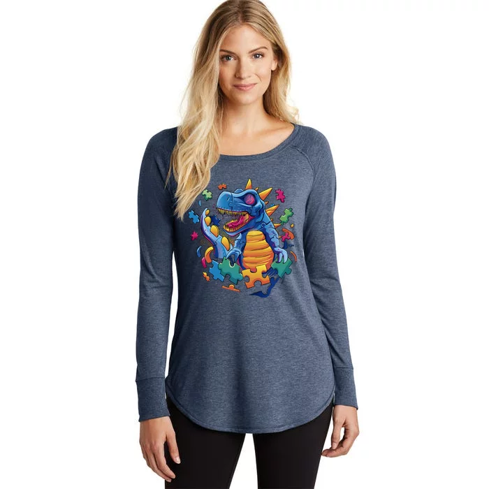 Autism Dinosaur And Puzzle Pieces Women's Perfect Tri Tunic Long Sleeve Shirt