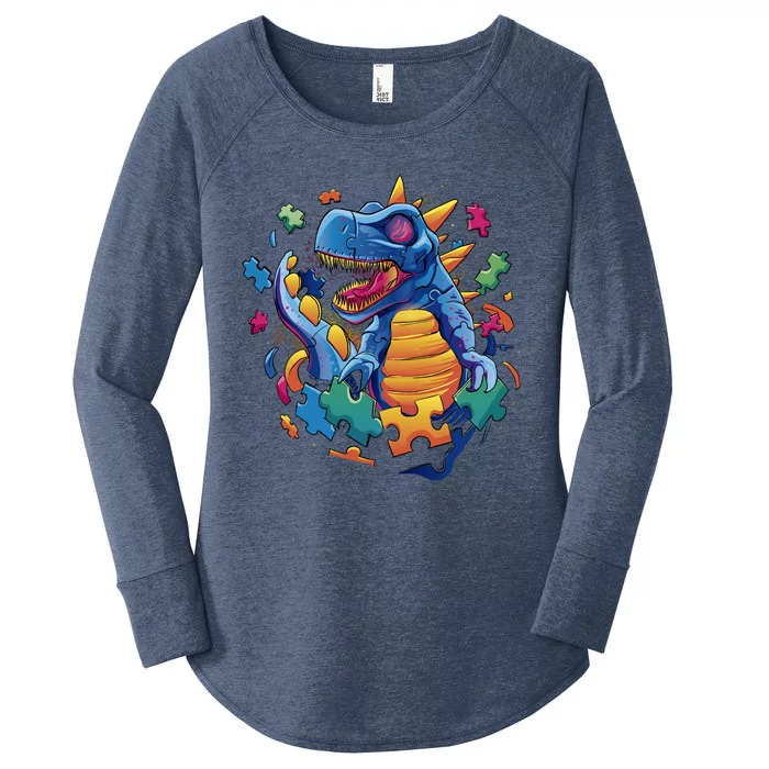 Autism Dinosaur And Puzzle Pieces Women's Perfect Tri Tunic Long Sleeve Shirt