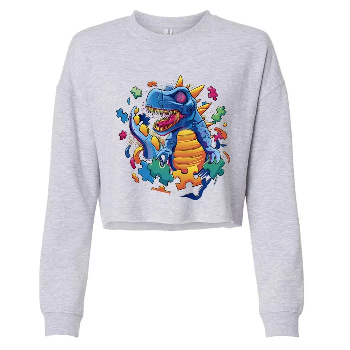 Autism Dinosaur And Puzzle Pieces Cropped Pullover Crew