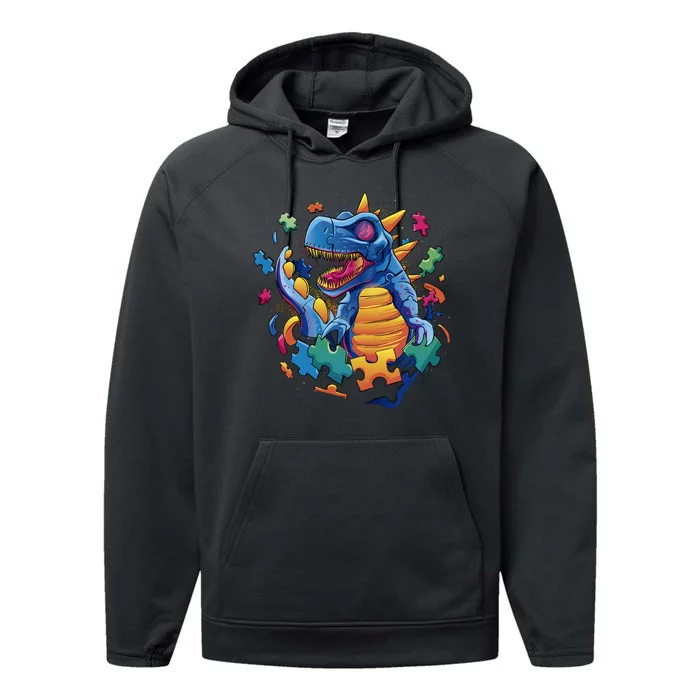 Autism Dinosaur And Puzzle Pieces Performance Fleece Hoodie