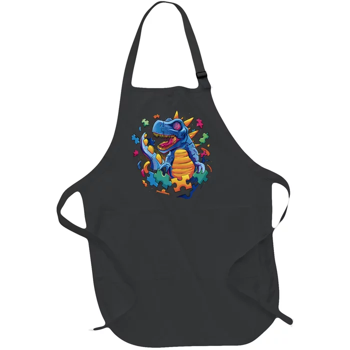 Autism Dinosaur And Puzzle Pieces Full-Length Apron With Pocket