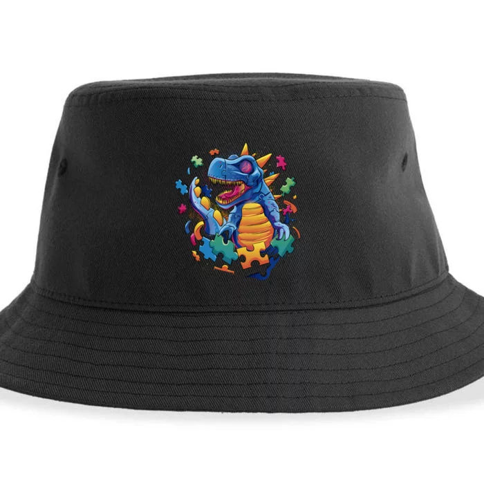 Autism Dinosaur And Puzzle Pieces Sustainable Bucket Hat