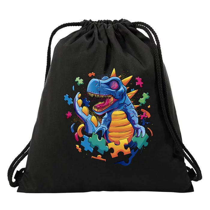 Autism Dinosaur And Puzzle Pieces Drawstring Bag