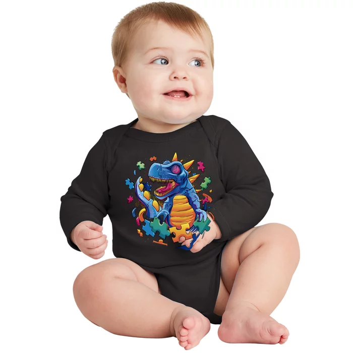 Autism Dinosaur And Puzzle Pieces Baby Long Sleeve Bodysuit