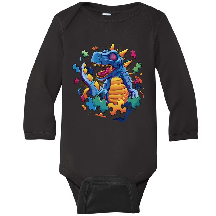 Autism Dinosaur And Puzzle Pieces Baby Long Sleeve Bodysuit