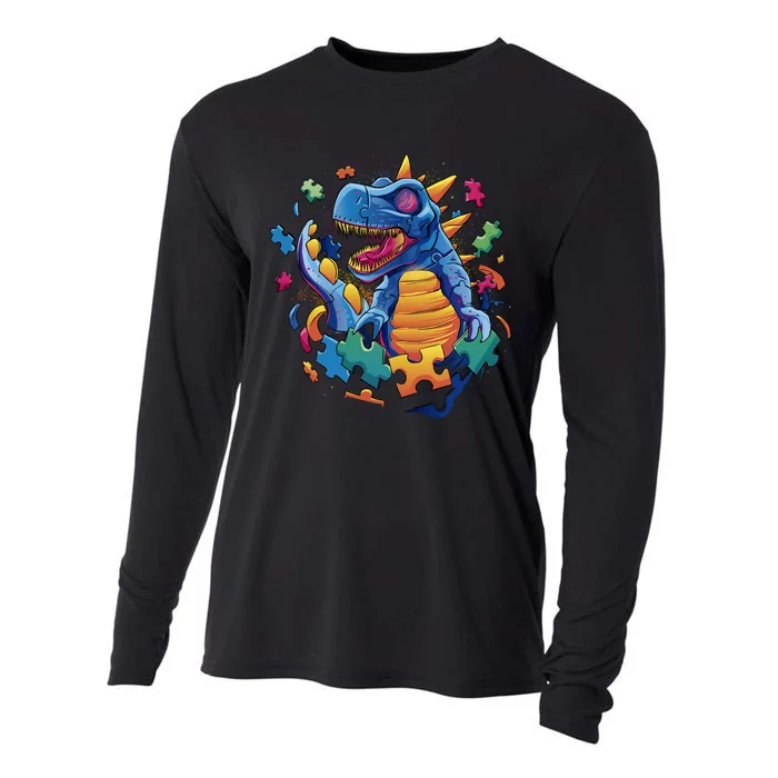 Autism Dinosaur And Puzzle Pieces Cooling Performance Long Sleeve Crew