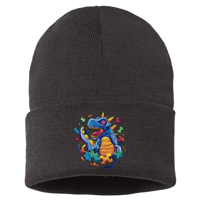 Autism Dinosaur And Puzzle Pieces Sustainable Knit Beanie