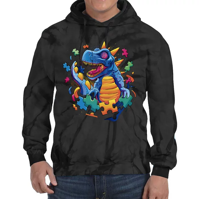 Autism Dinosaur And Puzzle Pieces Tie Dye Hoodie