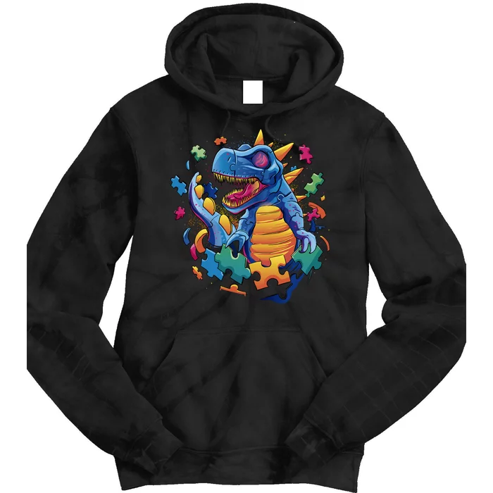 Autism Dinosaur And Puzzle Pieces Tie Dye Hoodie