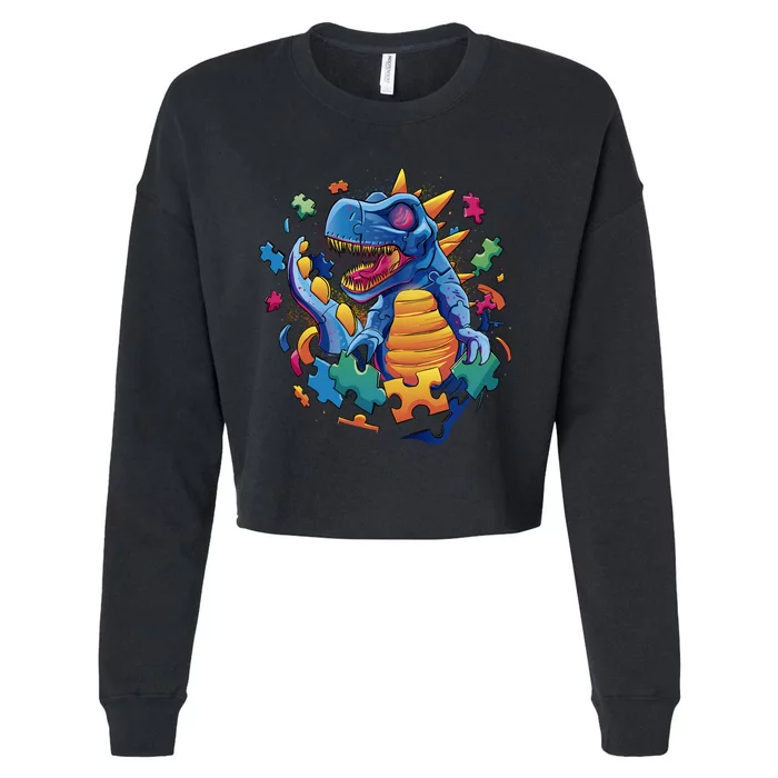 Autism Dinosaur And Puzzle Pieces Cropped Pullover Crew