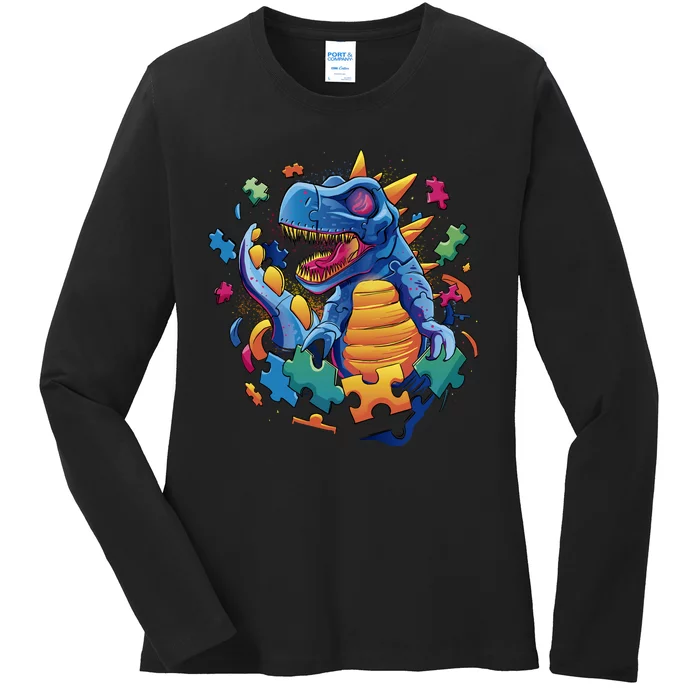 Autism Dinosaur And Puzzle Pieces Ladies Long Sleeve Shirt