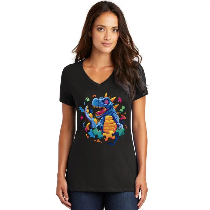 Autism Dinosaur And Puzzle Pieces Women's V-Neck T-Shirt