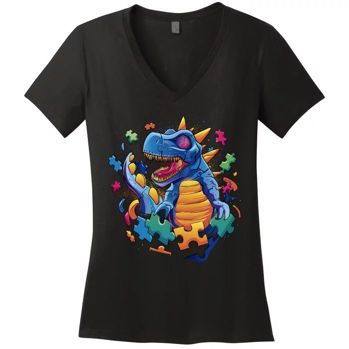 Autism Dinosaur And Puzzle Pieces Women's V-Neck T-Shirt