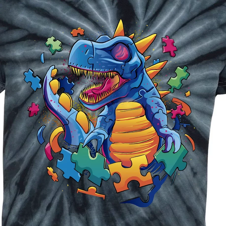 Autism Dinosaur And Puzzle Pieces Kids Tie-Dye T-Shirt