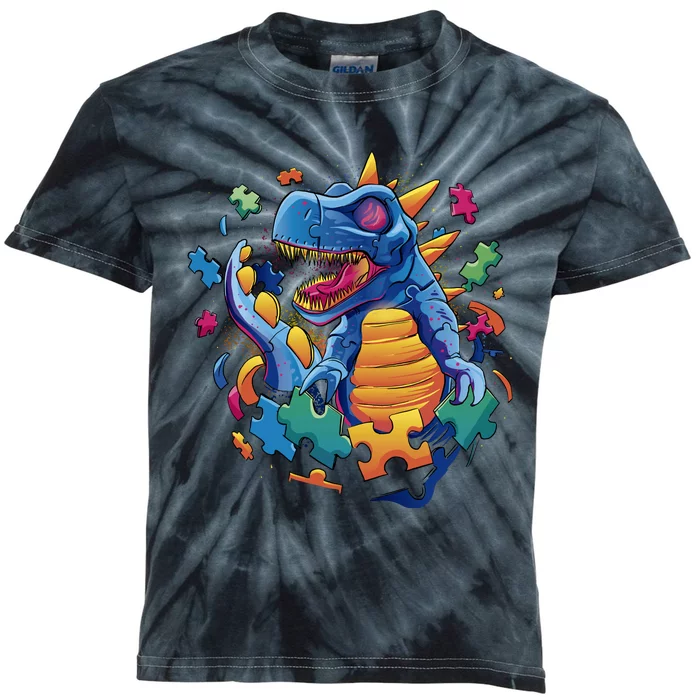 Autism Dinosaur And Puzzle Pieces Kids Tie-Dye T-Shirt