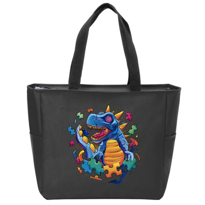 Autism Dinosaur And Puzzle Pieces Zip Tote Bag