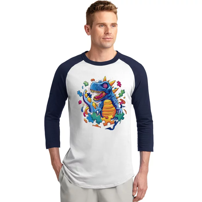 Autism Dinosaur And Puzzle Pieces Baseball Sleeve Shirt