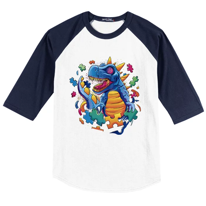 Autism Dinosaur And Puzzle Pieces Baseball Sleeve Shirt