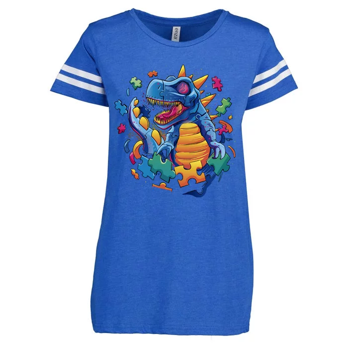 Autism Dinosaur And Puzzle Pieces Enza Ladies Jersey Football T-Shirt