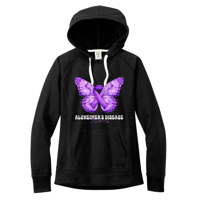 Alzheimers Disease Awareness Month Purple Ribbon Butterfly Women's Fleece Hoodie