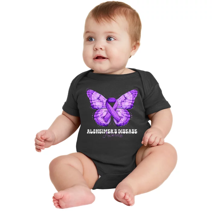 Alzheimers Disease Awareness Month Purple Ribbon Butterfly Baby Bodysuit