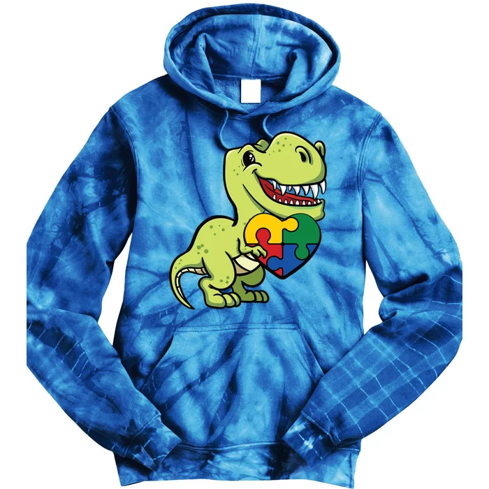 Autism Dinosaur Awareness Day Trex Lover Puzzle Pieces Gift Tie Dye Hoodie