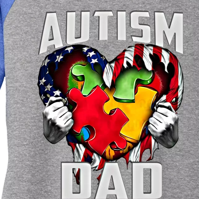 Autism Dad Awareness Love Heart Usa Flag Puzzle Piece Father Cute Gift Women's Tri-Blend 3/4-Sleeve Raglan Shirt