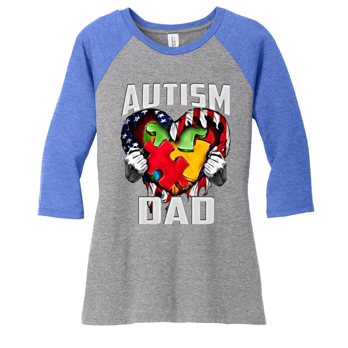 Autism Dad Awareness Love Heart Usa Flag Puzzle Piece Father Cute Gift Women's Tri-Blend 3/4-Sleeve Raglan Shirt