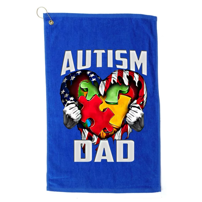 Autism Dad Awareness Love Heart Usa Flag Puzzle Piece Father Cute Gift Platinum Collection Golf Towel