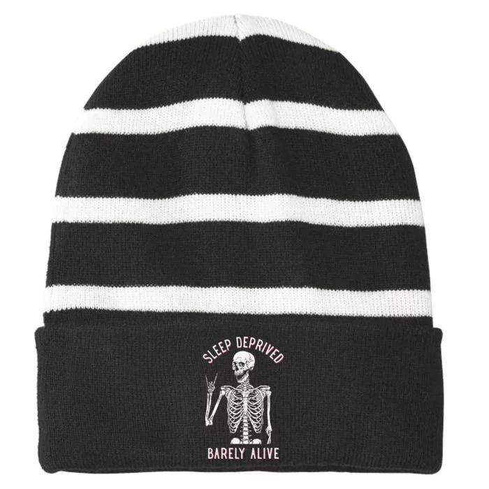 Alsleep Deprived Barely Ive Funny Skeleton Halloween Striped Beanie with Solid Band