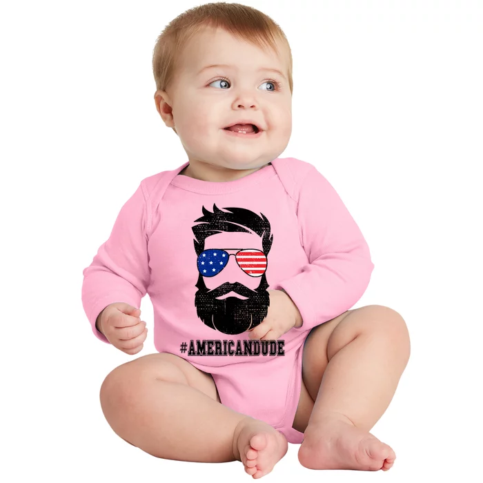 American Dude Bearded Guy Patriotic Retro Vintage Gift Baby Long Sleeve Bodysuit