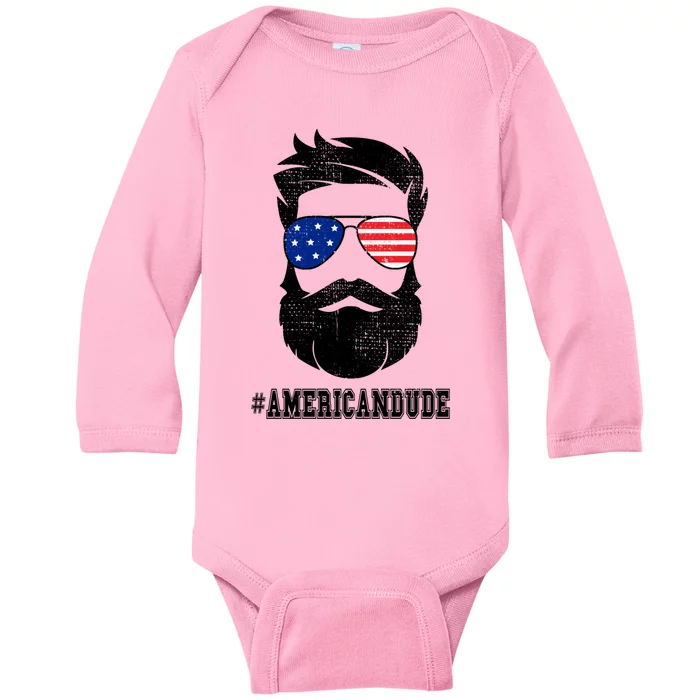 American Dude Bearded Guy Patriotic Retro Vintage Gift Baby Long Sleeve Bodysuit