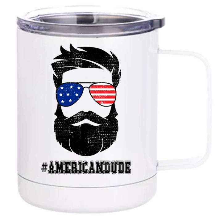 American Dude Bearded Guy Patriotic Retro Vintage Gift Front & Back 12oz Stainless Steel Tumbler Cup