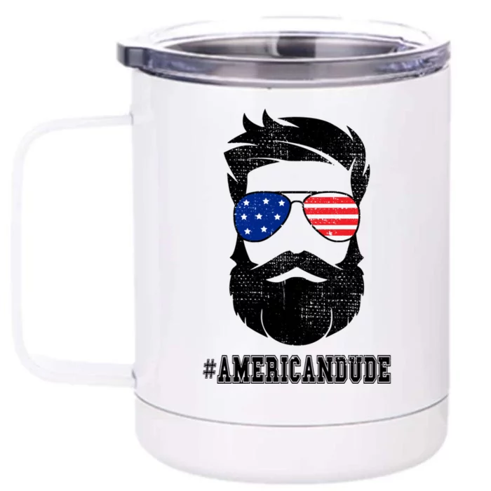 American Dude Bearded Guy Patriotic Retro Vintage Gift Front & Back 12oz Stainless Steel Tumbler Cup